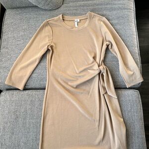 Cable & Gauge Women's Tan Sheath Dress With Tie Front 3/4 Sleeves M Stretchy